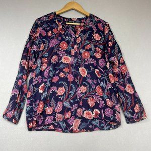 Lucky Brand Floral Popover Blouse Size M Blue Pink Long Sleeve Rayon Boho